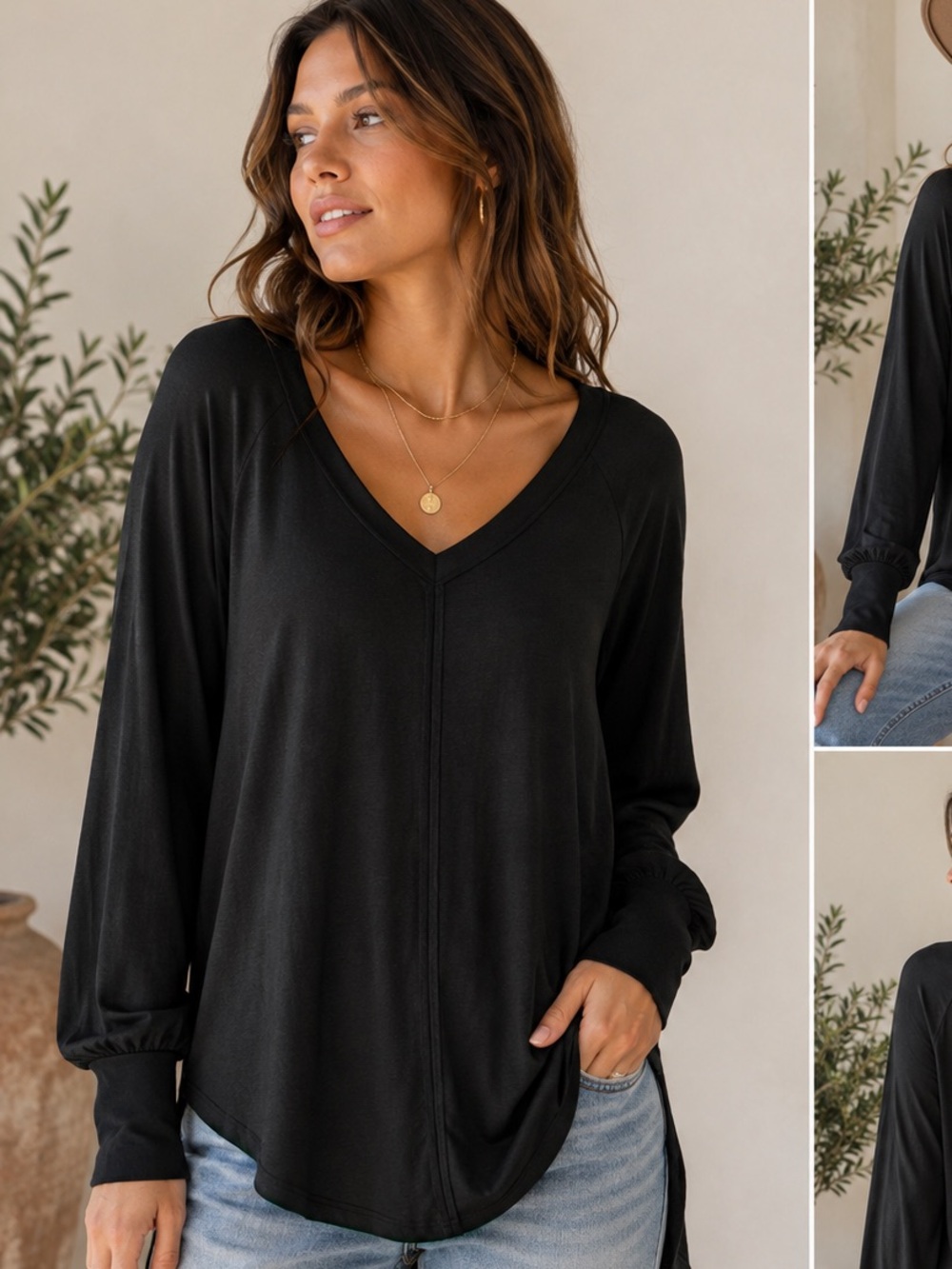 KNOX ROSE Black Boho V-Neck Tunic Top Bishop Sleeve High Low Hem Size S
